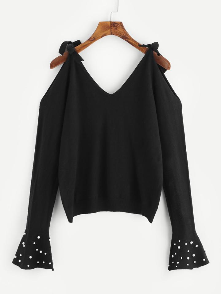 Shein Fax Pearl Detail Flare Sleeve Self Tie Sweater