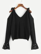 Shein Fax Pearl Detail Flare Sleeve Self Tie Sweater
