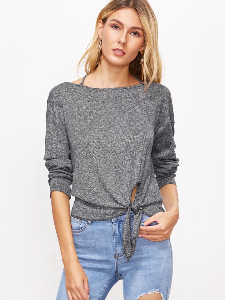 Shein Grey Marled Knot Front Crisscross Back T-shirt