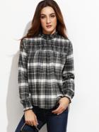 Shein Black And White Plaid Ruffle Neck Pleated Blouse