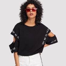 Shein Cut Out Sleeve Slogan Print Tee