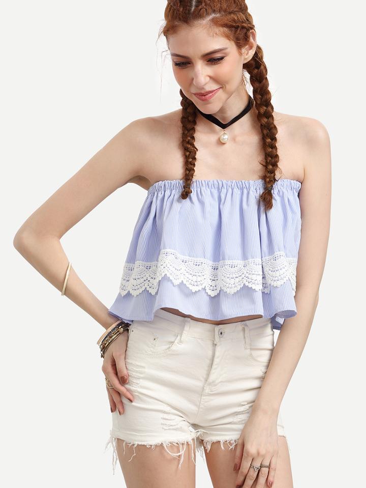 Shein Blue Striped Crochet Ruffle Crop Bandeau Top