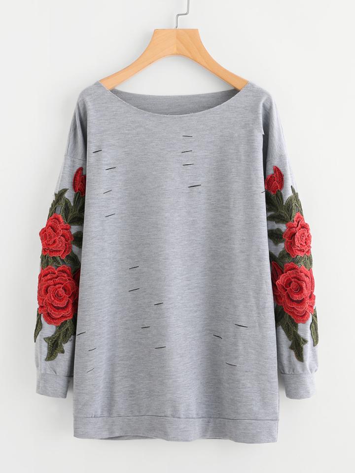 Shein 3d Embroidered Appliques Rips Marled Pullover