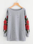 Shein 3d Embroidered Appliques Rips Marled Pullover