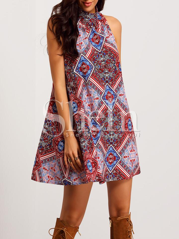 Shein Folk Print Sleeveless Cut Out Back Dress