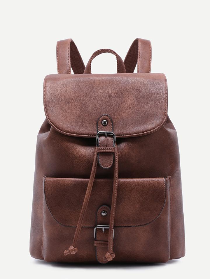 Shein Brown Pu Buckle Strap Drawstring Flap Backpack