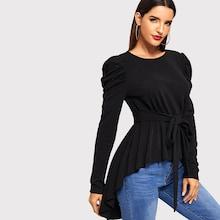 Shein Puff Sleeve Dip Hem Belted Top