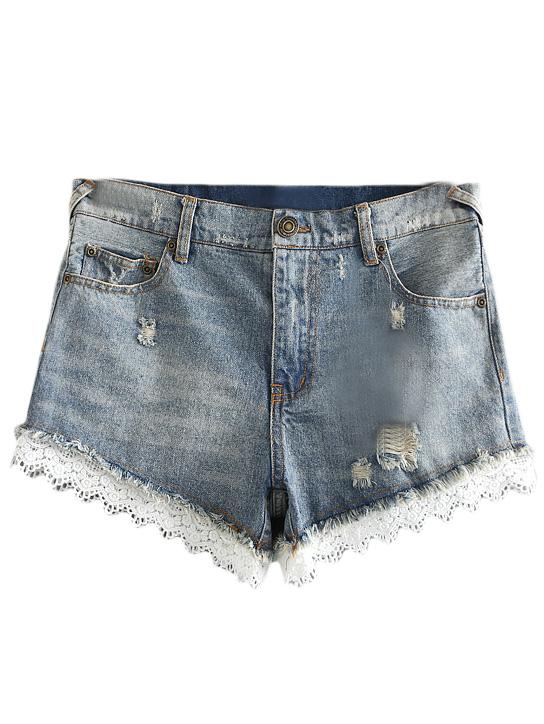 Shein Light Blue Pockets Lace Trim Ripped Hole Denim Shorts