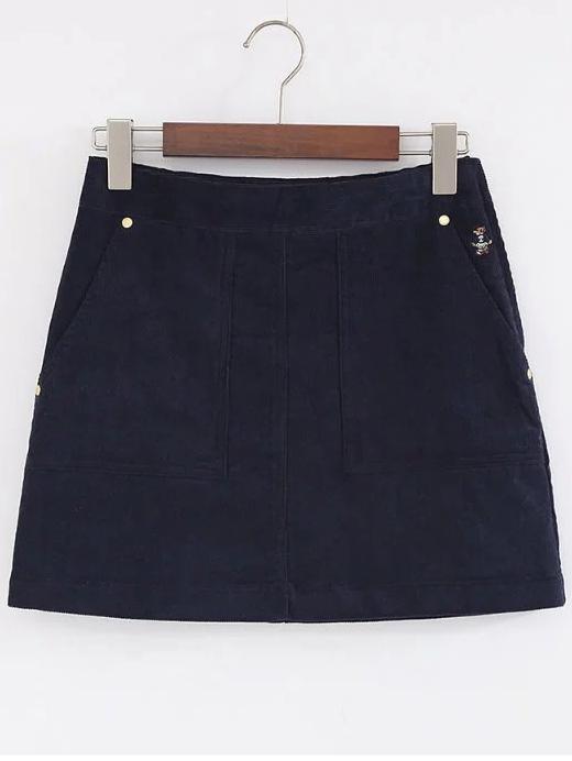 Shein Navy Bear Embroidery Zipper Side Corduroy A Line Skirt