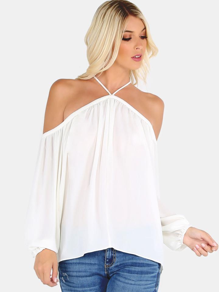 Shein Open Shoulder Bishop Sleeve Chiffon Top Ivory
