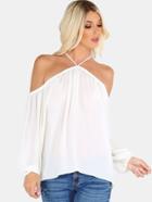 Shein Open Shoulder Bishop Sleeve Chiffon Top Ivory