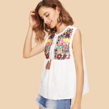 Shein Tassel Tie Split Front Embroidered Sleeveless Top