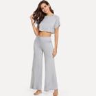 Shein Heather Knit Crop Tee & Wide Leg Pants Set