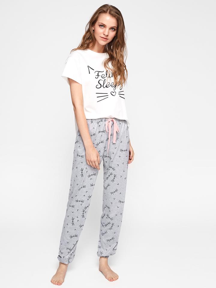 Shein Cat Pattern Print Top And Pants Pajama Set