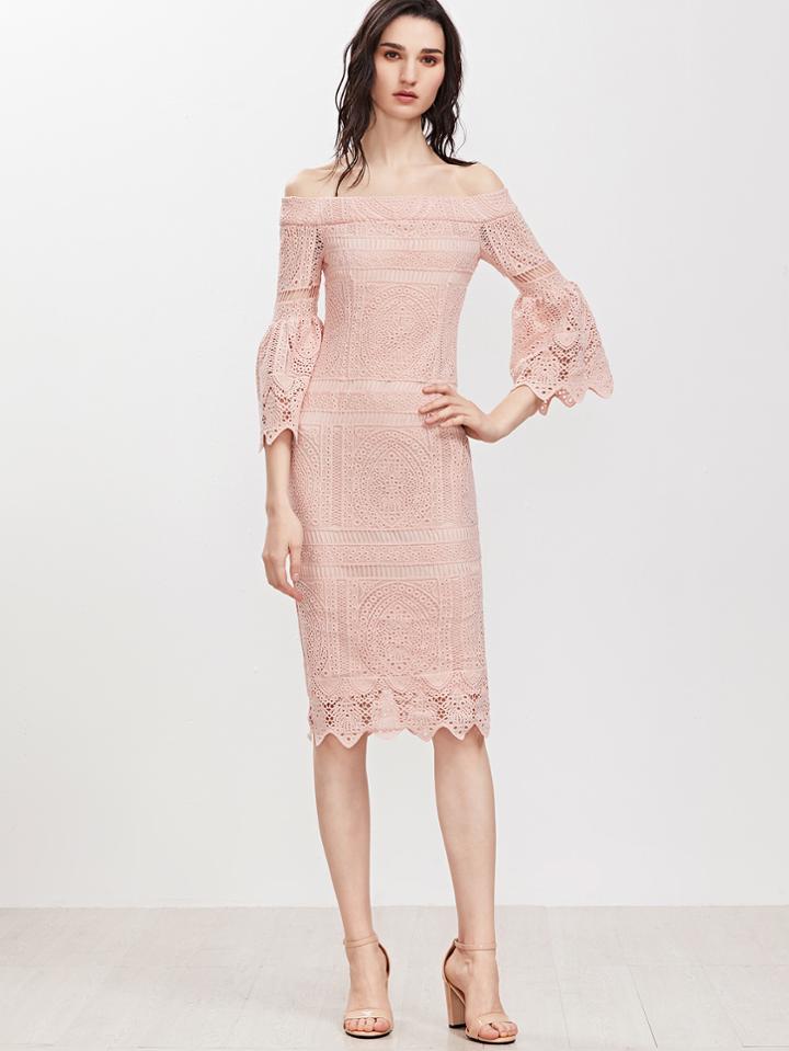 Shein Bardot Neckline Fluted Sleeve Crochet Overlay Dress