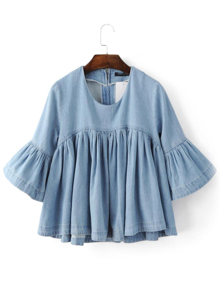 Shein Bell Sleeve Ruffle Denim Doll Blouse