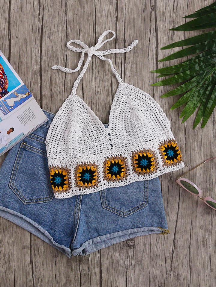 Shein Geo Pattern Trim Crochet Halter Top