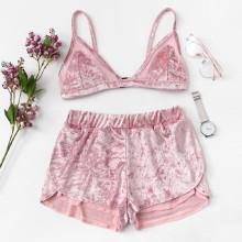 Shein Velvet Sheer Mesh Panel Bra With Shorts
