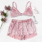 Shein Velvet Sheer Mesh Panel Bra With Shorts