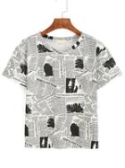 Shein Black White Crew Neck Newspaper Print T-shirt