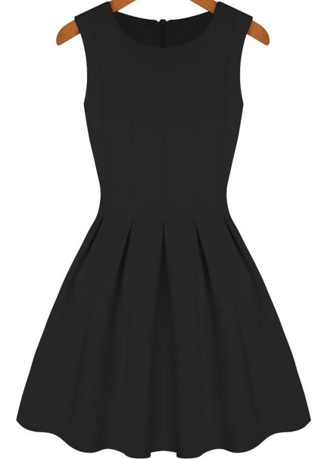 Shein Black Round Neck Sleeveless Pleated Flare Dress
