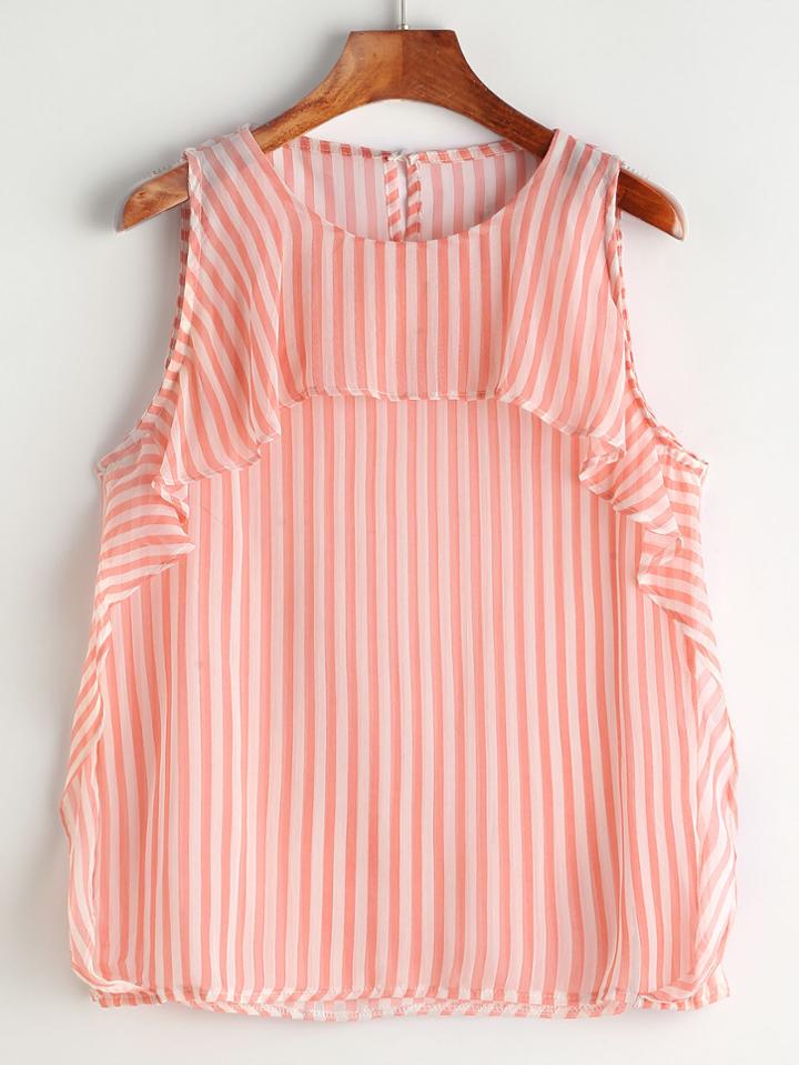 Shein Vertical Stripe Frill Trim Keyhole Back Chiffon Top