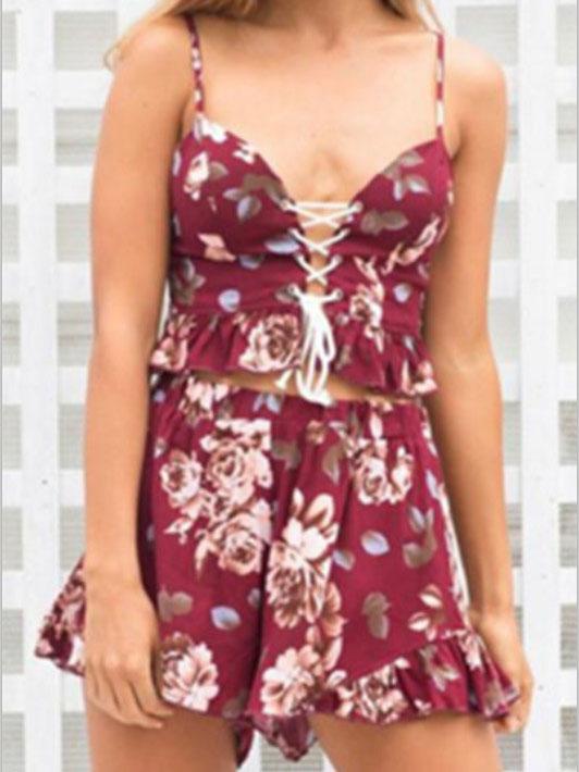 Shein Red Spaghetti Strap Lace Up Floral Top With Shorts