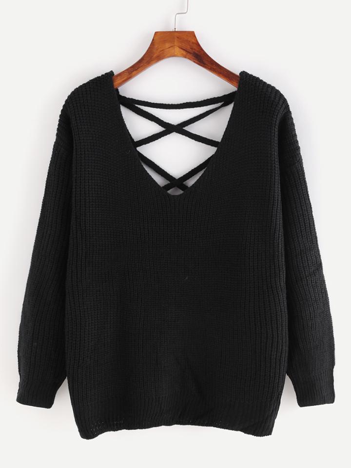 Shein Eyelet Lace Up Open Back Texture Knit Sweater