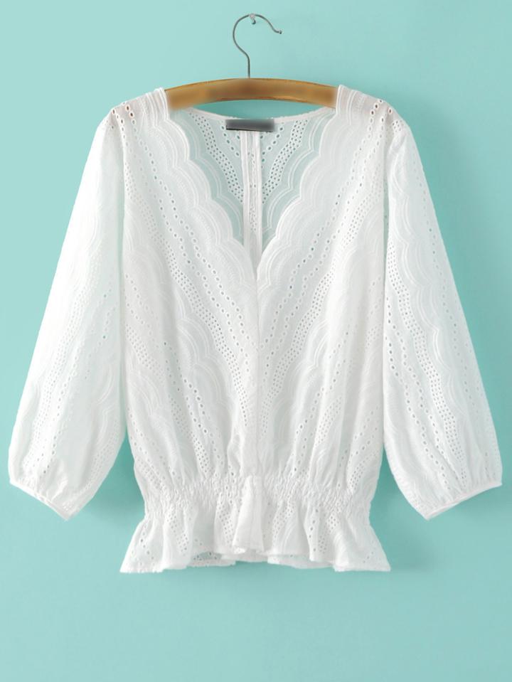 Shein White Scallop Neck Crochet Peplum Blouse