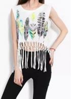 Rosewe Tassel Embellished Feather Print White Tank Top