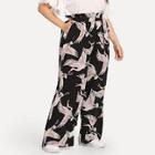 Shein Plus Belted Frill Waist Crane Print Pants