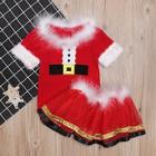 Shein Toddler Girls Christmas Print Contrast Faux Fur Top With Skirt