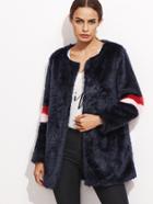 Shein Navy Faux Fur Striped Sleeve Coat