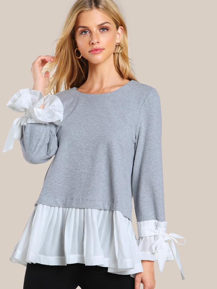 Shein Bow Tie Pleated Cuff And Hem Sweatshirt