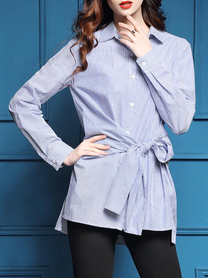 Shein Blue White Striped Flowers Embroidered Blouse