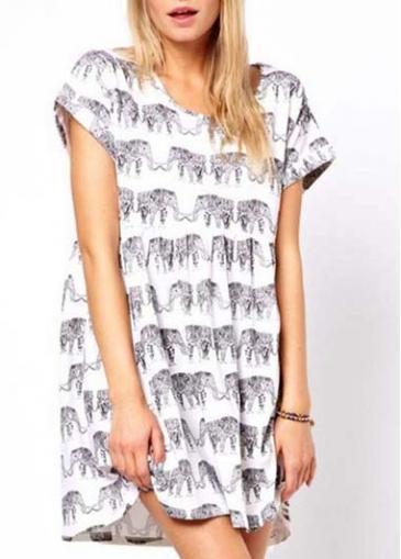 Rosewe Loose Round Neck Animals Pattern Mini Dress With Short Sleeve