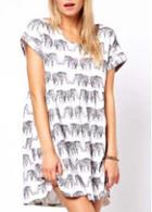 Rosewe Loose Round Neck Animals Pattern Mini Dress With Short Sleeve
