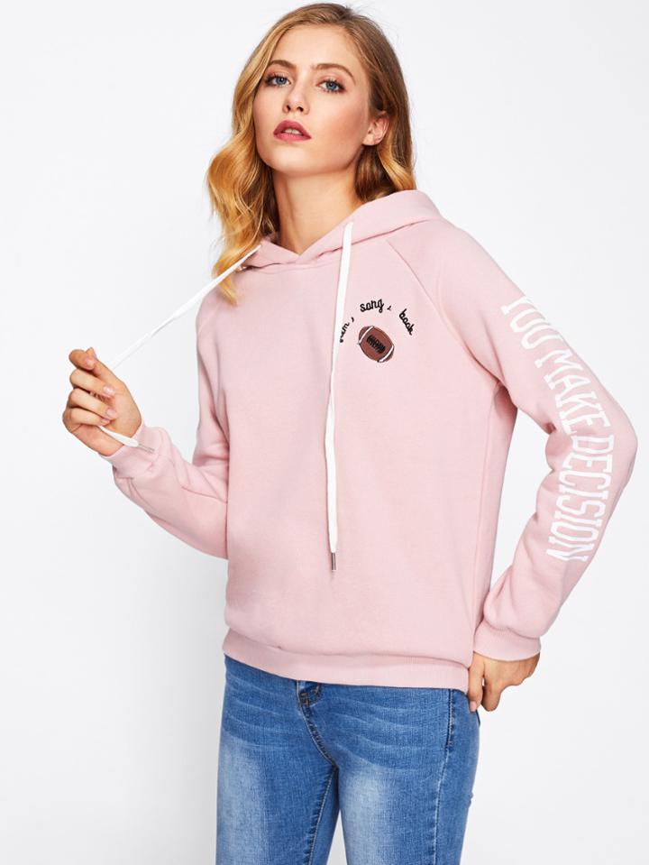 Shein Slogan Print Raglan Sleeve Embroidered Hoodie