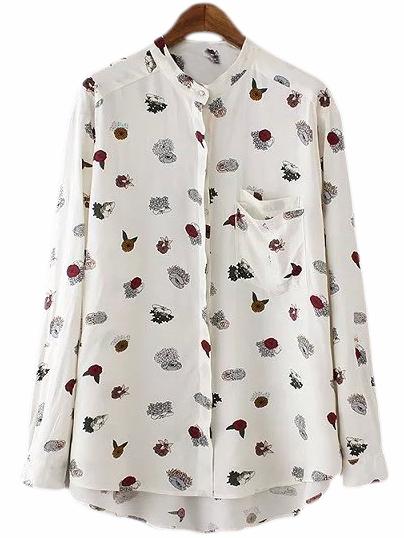 Shein White Stand Collar Pocket Print Blouse