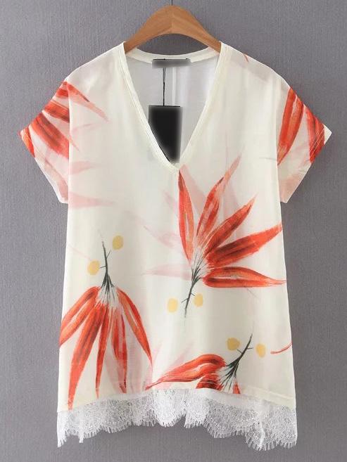 Shein Beige V Neck Printed Lace Blouse