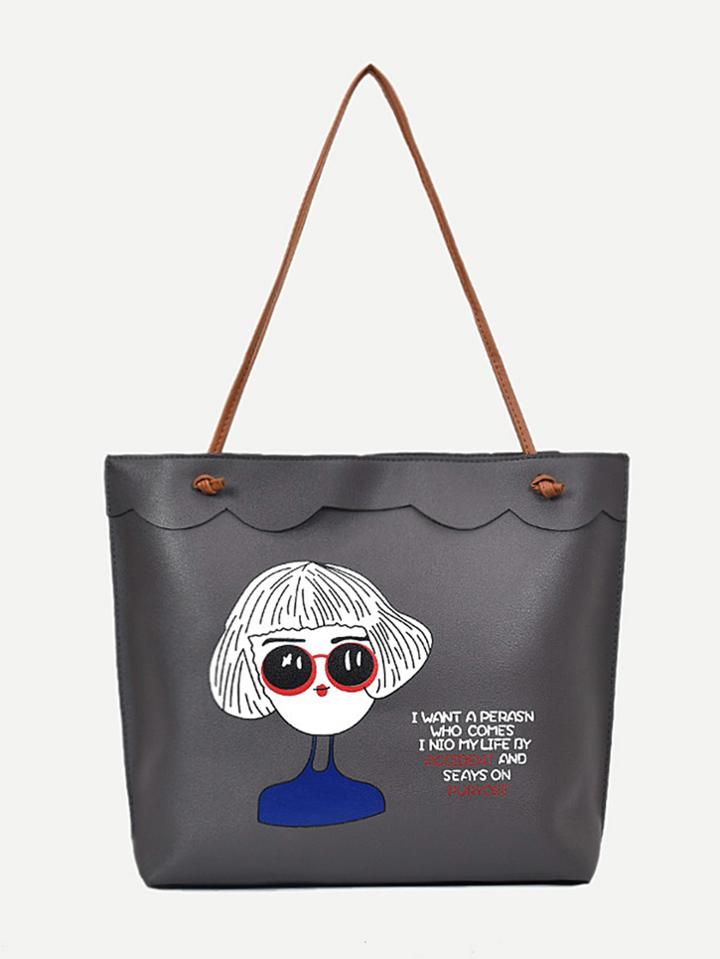 Shein Girl Print Scalloped Detail Shopper Bag