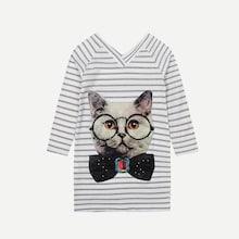 Shein Girls Cat Pattern Beaded Striped Dress