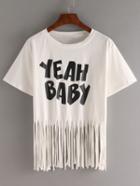 Shein Letter Print Fringe T-shirt - White