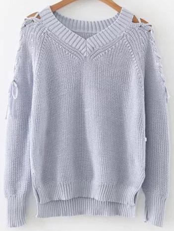Shein Purple V Neck Lace Up Sleeve High Low Sweater