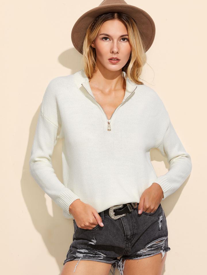 Shein White Drop Shoulder Zipper Sweater