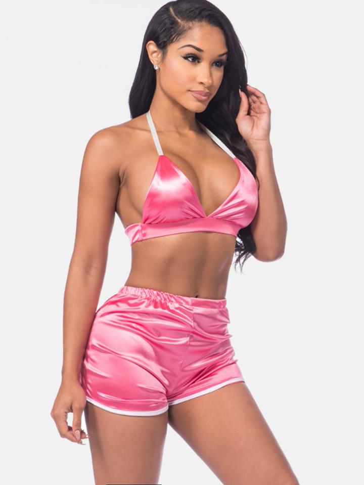 Shein Satin Triangle Halter Bra With Contrast Trim Sports Shorts