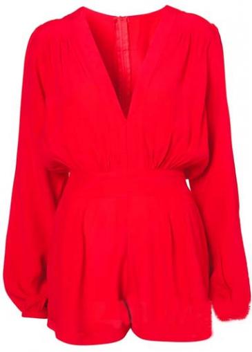 Rosewe Attractive Solid Red V Neck Long Sleeve Rompers