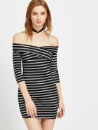 Shein Black And White Striped Off The Shoulder Bodycon Dress