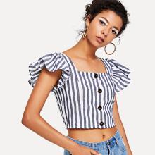 Shein Flutter Sleeve Button Up Striped Top