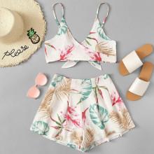 Shein Floral Surplice Bow Tie Open Back Cami With Shorts